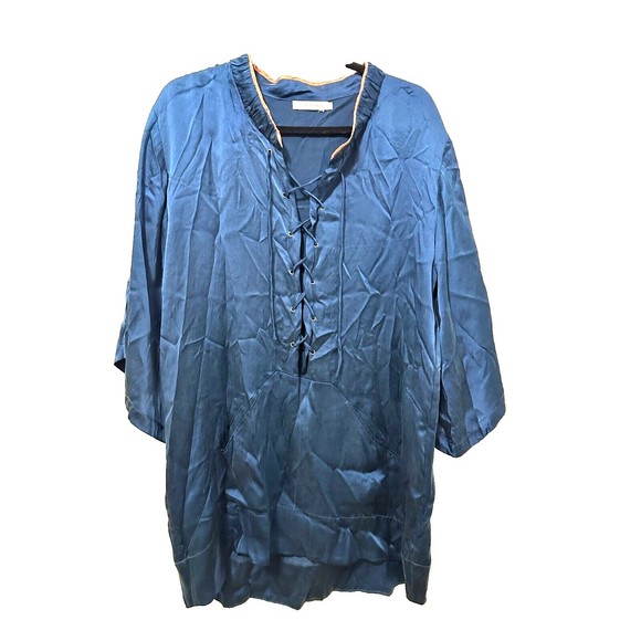 flannel Tops - Flannel Womans Silk Tunic Size L 3/4 Sleeve Blue Lagenlook‎ Asian Boho Hippie